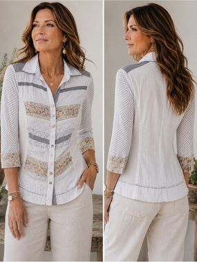 Just White Design by SE Lace Mixed Media Button Front Blouse